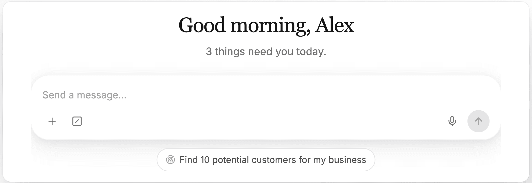 The centre of Home: a greeting, a one-line count of what needs attention, and the message box below it.