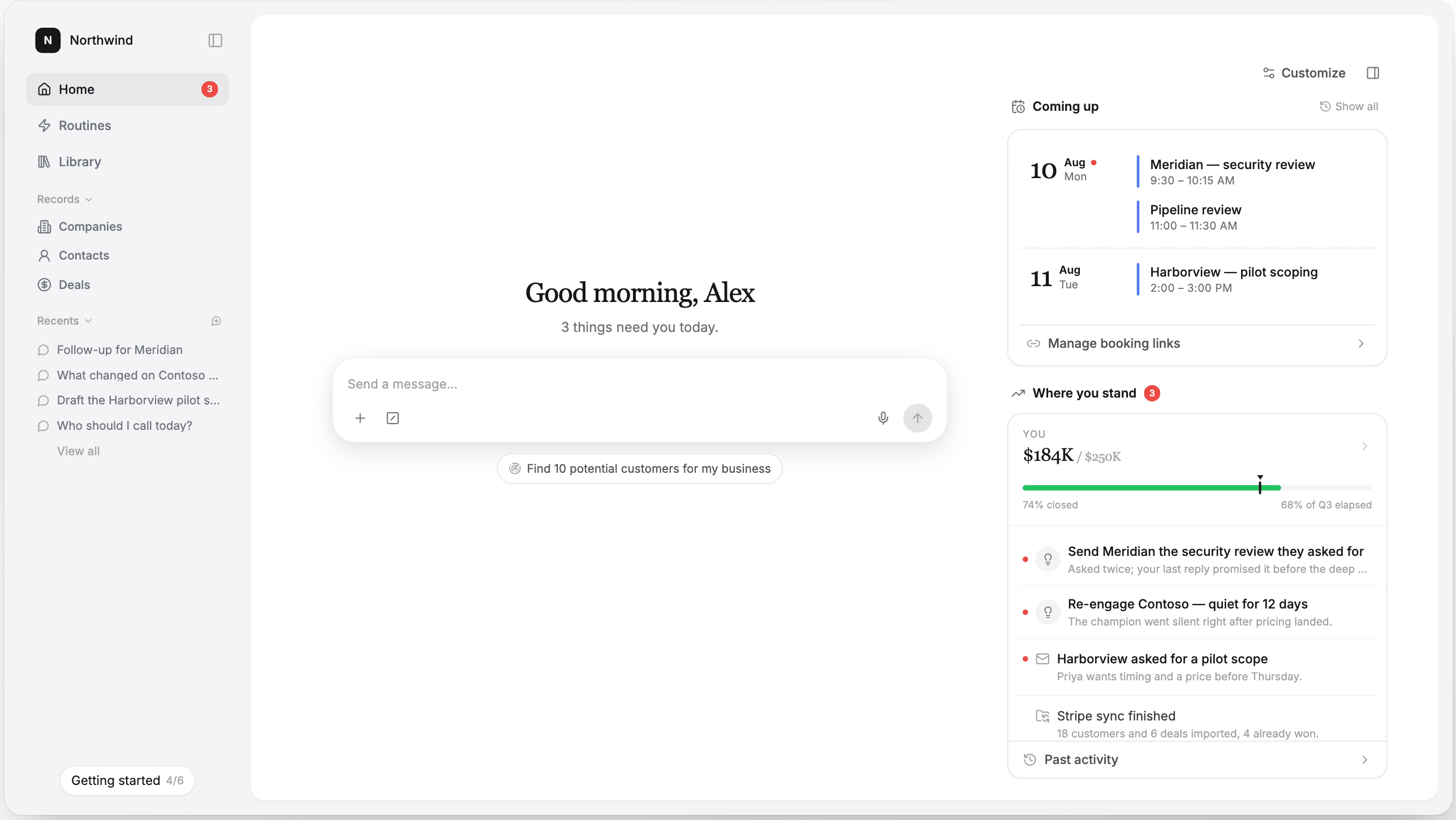 The Dopia Home screen: sidebar on the left, greeting and message box in the middle, Coming up and Where you stand stacked on the right.