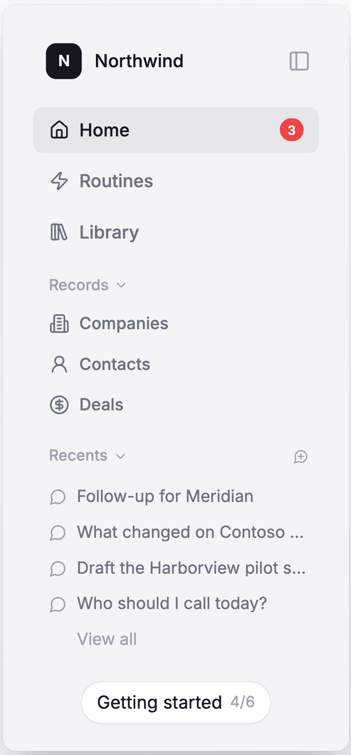 The sidebar: workspace name at the top, Home, Routines and Library, then the Records and Recents groups, with Getting started pinned at the bottom.